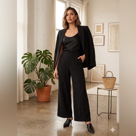 Betsy Lauren Pants - Vintage Betsy Lauren Black Wide-Leg beaded sheer overlay